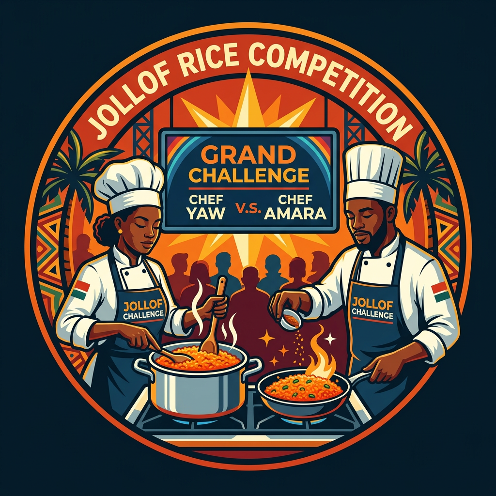 Two chefs cooking Jollof rice in a cook-off competition, with Chef Yaw stirring a pot and Chef Amara seasoning a pan on fire